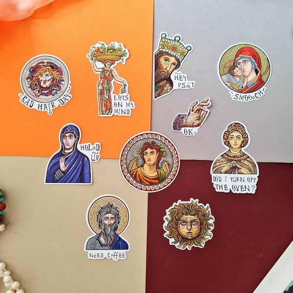 Set of funny and cute hand drawn vinyl stickers inspired by Byzantine mosaic art