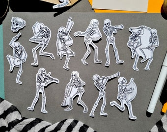 Party skeletons playing instruments and dancing vinyl sticker set