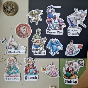 Various hand drawn Medieval art vinyl stickers with funny meme quotes