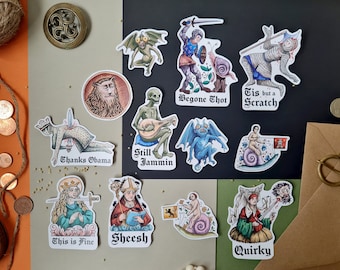 Various hand drawn Medieval art vinyl stickers with funny meme quotes