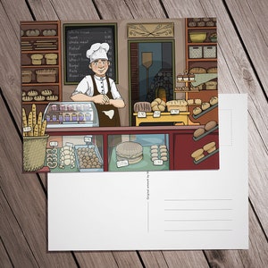 Cartão postal, Ilustração de uma padaria detalhada com vários produtos