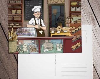 Postcard, Illustration of a detailed bakery with various produce