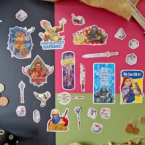 May include: A set of 18 colourful stickers featuring fantasy characters and dice. The stickers have a variety of designs, including a barbarian with an axe, a wizard with a staff, a dragon, and a set of dice. The stickers are perfect for adding a touch of fantasy to your notebooks, laptops, water bottles, and more.