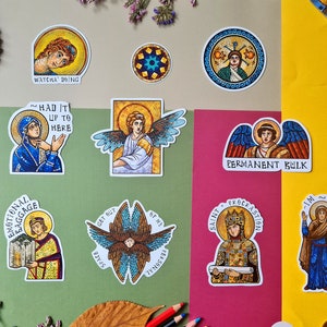 Set of funny and cute hand drawn vinyl stickers inspired by Byzantine mosaic art, Set 2