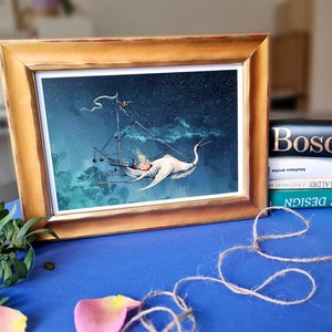 Original art print of a sureal flying bird ship, based on Hieronymus bosch paintings