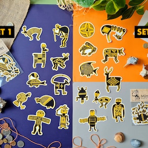 Hand drawn folk art, mimbres ancient pottery figurine, vinyl sticker set