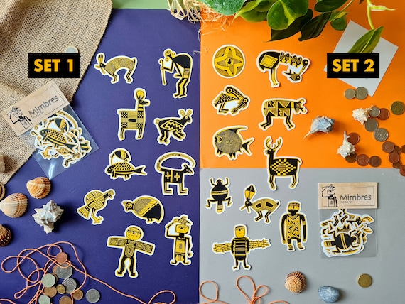 Hand drawn folk art, mimbres ancient pottery figurine, vinyl sticker set