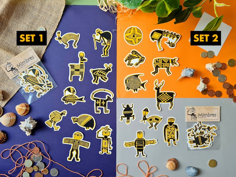 May include: Two sets of stickers featuring black and yellow geometric designs inspired by Mimbres pottery. Set 1 includes a deer, a fish, a bird, and other designs. Set 2 includes a deer, a fish, a bird, and other designs. Both sets include a sticker with the word "Mimbres" on it.
