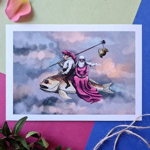 Original art print of bizarre and odd scene, based on Hieronymus Bosch paintings. Couple flying on a fish. Unframed Print.