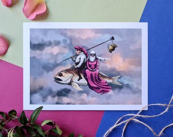 Op Jheronimus Bosch geïnspireerde kunstprint, stel rijden op vissen, bizarre scène