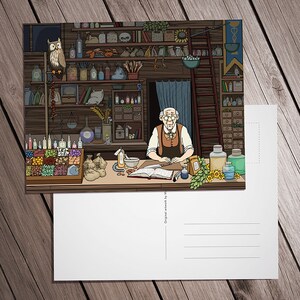 Cartão postal, ilustração de uma farmácia detalhada cheia de vários itens