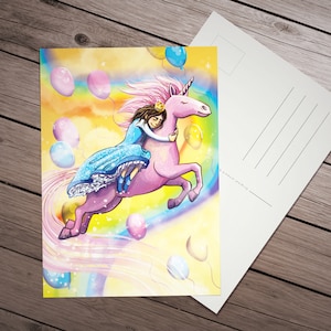 Cartão postal colorido com uma menina montando um unicórnio, macio e fofo