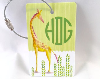 Monogram Baby Bag Tag - FREE SHIPPING, Back Pack Tag, Green Luggage Tag, Giraffe, Custom Luggage Tag, Baby Gift, Child Luggage Tag