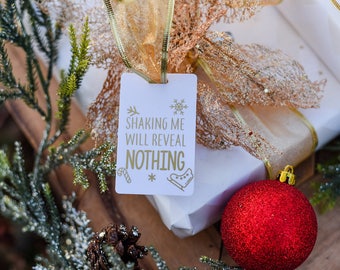 Christmas Gift Tag - Shaking Me Will Reveal Nothing Gift Tag (5 Tags), Holiday Gift Tag, Gift Tag, Plastic Gift Tag, Gold Gift Tag