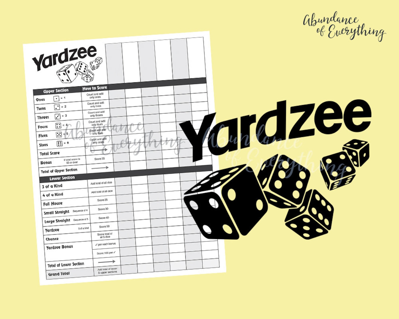 Yardzee yahtzee Digital Cut File & PDF Score Card, Score Sheet, SVG