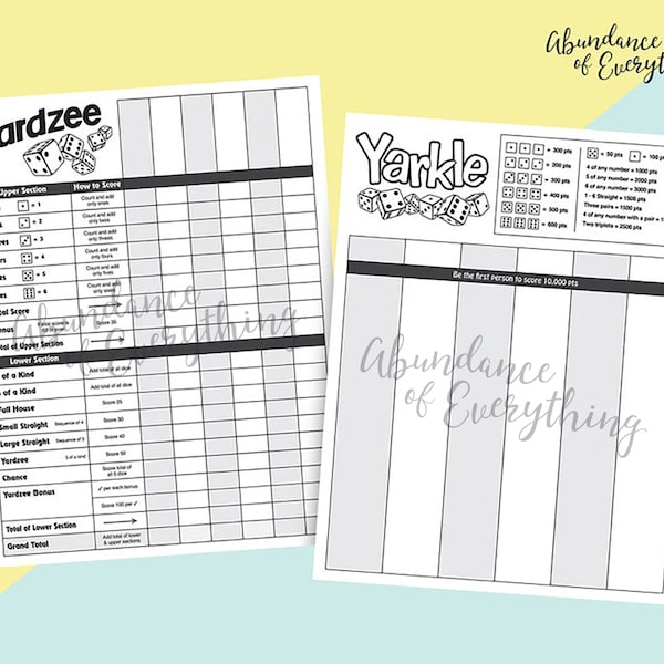 Yardzee (Yahtzee) and Yarkle (Farkle) - Digital Score Card, Score Sheet, PDF, JPG, Silhouette, Cricut, Yard Games, Dice