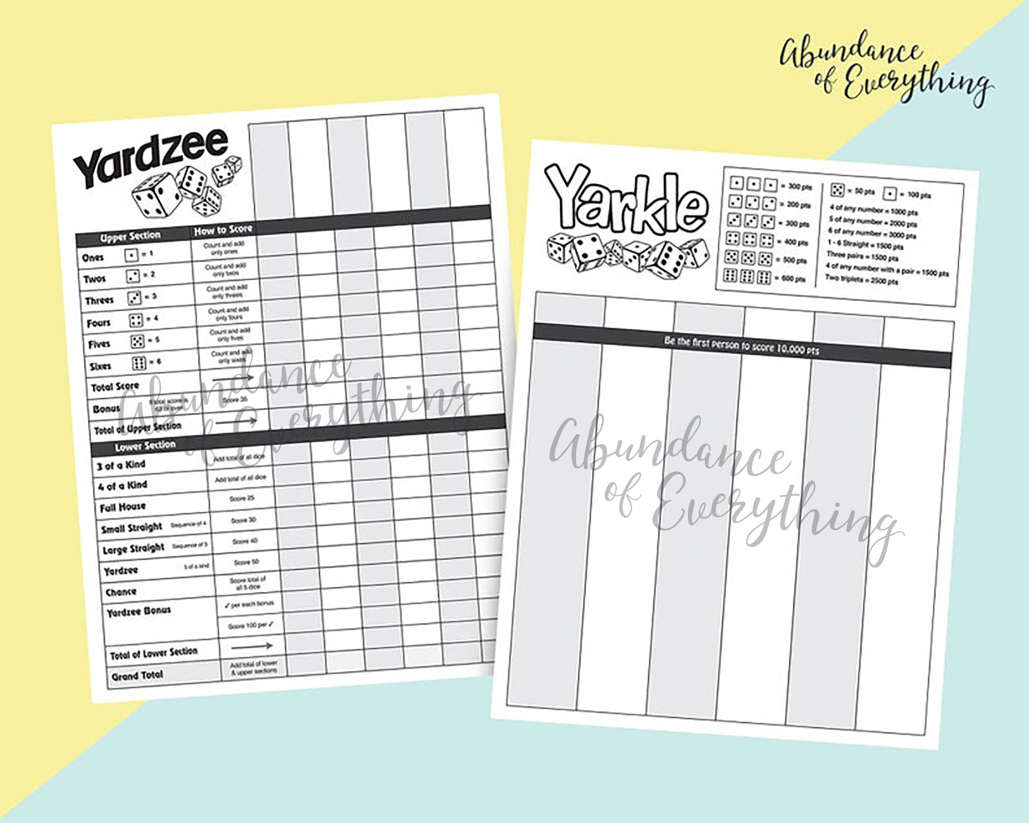 Yardzee yahtzee and Yarkle farkle Digital Score Card, Score Sheet, PDF ...