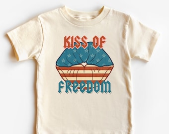 Kids Retro 4th of July Shirt, Vintage Lips Kiss of Freedom, Toddler Baby, Matching Sibling Tshirt, Natural Cute Fun, Red White Blue Stars,