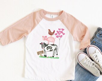 Farm Animals Toddler Boy or Girl Valentines Day Shirt, Raglan Baseball Sleeve, Cow Pig Chicken Valentine, Barnyard Birthday, Outfit, Pink