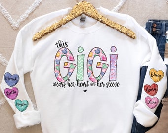 Personalized MiMi or GiGi Valentines Day Crewneck Sweatshirt,  Heart on Sleeve with Grandkids Names, Vday Shirt with Children names, Custom
