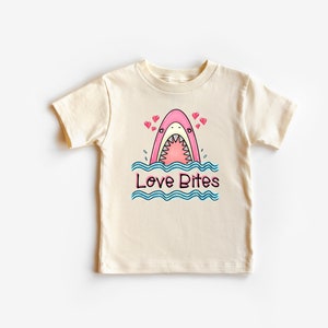 Toddler Girl Valentine's Day Shark Shirt, Personalized with Name or Love Bites, Blue or Pink Shark, Natural Color Tee, Fun Cute Animal Beach