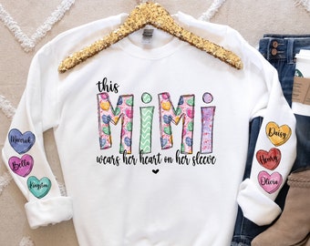Personalized MiMi GiGi Valentines Day Crewneck Sweatshirt,  Heart on Sleeve with Grandkids Names, Vday Shirt with Children names, Custom