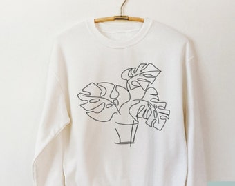 Monstera Potted Plant Sweatshirt, Gift Shirt Women, Minimalist t-shirt, House Plant Mom, Potted Plants, Women's Minimalist tee, Drawing
