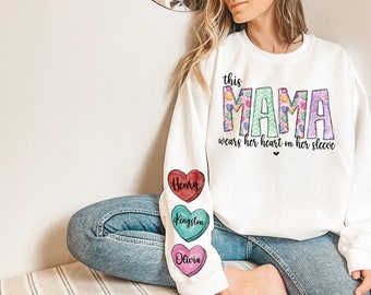 Personalized Mama Valentines Day Crewneck Sweatshirt,  Heart on Sleeve with Kids Names, Vday Shirt with Children names, Custom White Crew