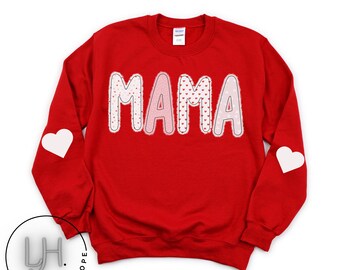 MAMA Sweatshirt for Valentines Day, Gift for Mom, Red White or Pink Crewneck, Flocked Stamped Heart Elbow Patch, Heart on Sleeve, Mama Shirt