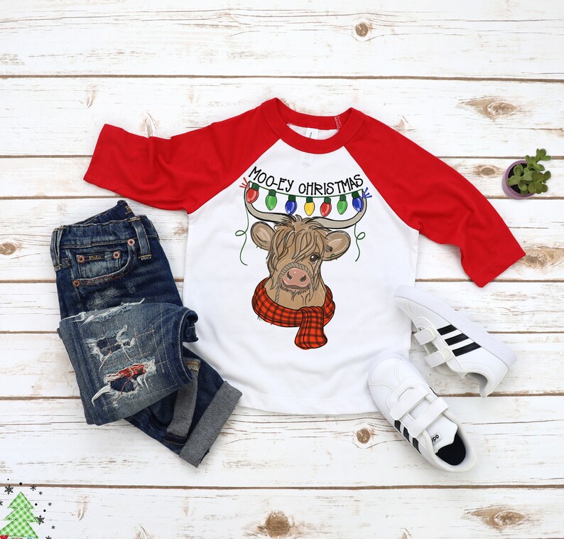 Toddler Cow Christmas Shirt, Moo-ey Christmas, Funny Kid T-Shirt, Farm Animal Christmas Lights, Buffalo Plaid Scarf Cow, Red Baseball Sleeve image 2