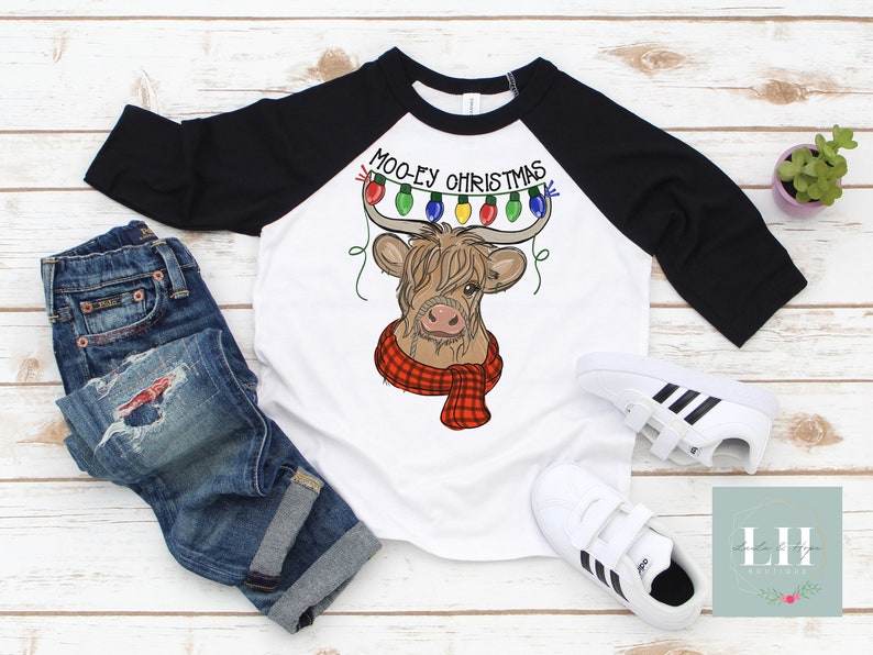 Toddler Cow Christmas Shirt, Moo-ey Christmas, Funny Kid T-Shirt, Farm Animal Christmas Lights, Buffalo Plaid Scarf Cow, Red Baseball Sleeve image 1