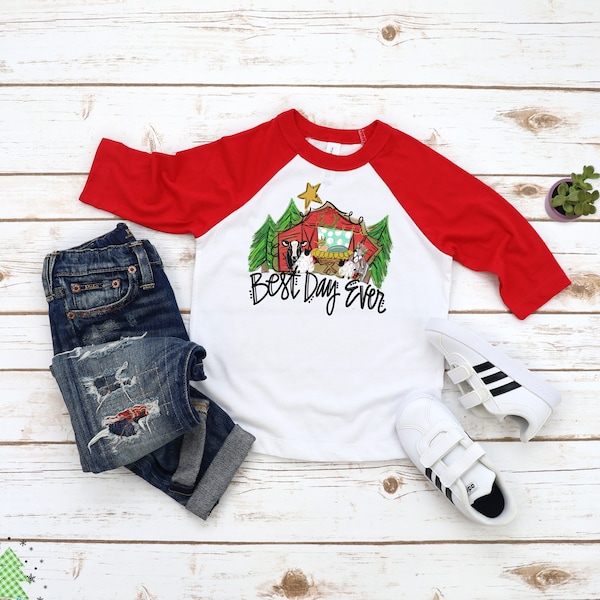 Toddler Raglan Christian Christmas Holiday Shirt, Happy Birthday Jesus is the Reason for Season, Nativity Scene, Matching Kid Boy Girl