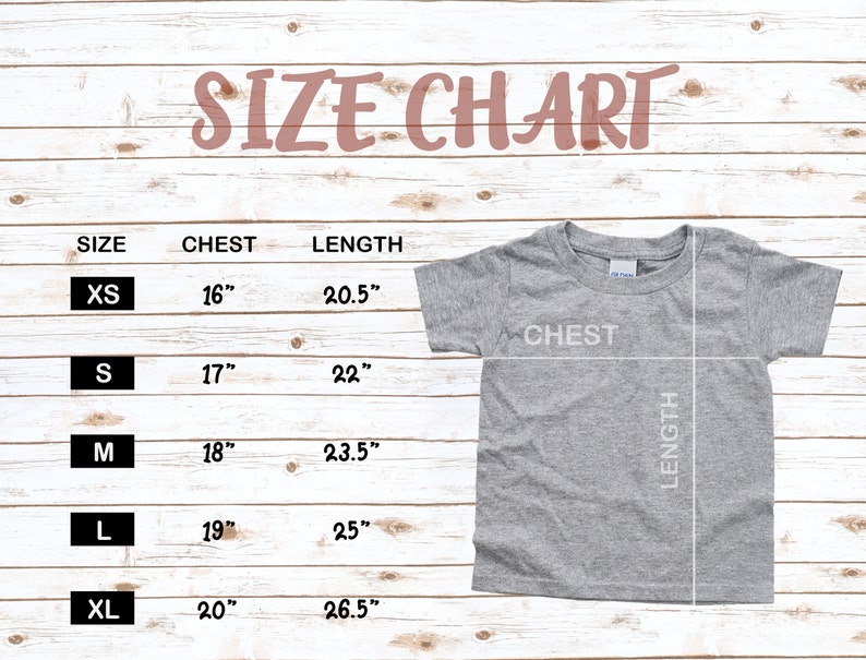 K&ouml;nnte beinhalten: Gr&ouml;&szlig;entabelle f&uuml;r ein T-Shirt mit Ma&szlig;en in Zoll f&uuml;r Brustumfang und L&auml;nge. Die Gr&ouml;&szlig;en umfassen XS, S, M, L und XL.