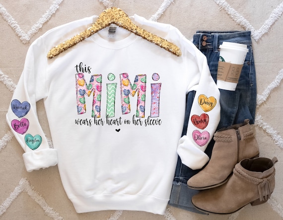 Personalized MiMi/GiGi Sweatshirt: Grandkids Names on Heart Sleeves
