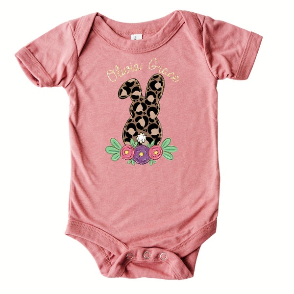 Baby Girl Easter Outfit, Leopard Bunny with Gold Glitter Detail, Customize with Name, Mauve Pink, Romper Clothes, Bushy Tail, Floral