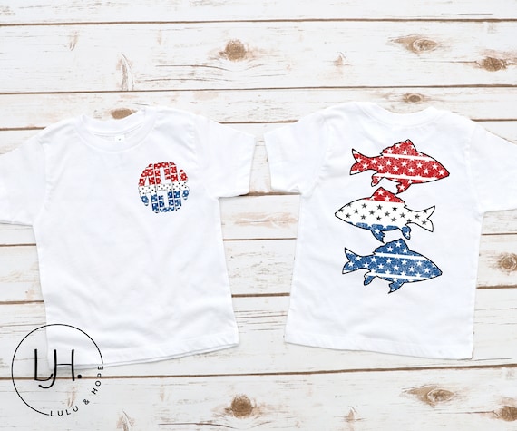 Patriotic 4th of July Bass Fish Fishing Monogram Toddler Infant Youth Shirt,  American Flag USA, Sibling Matching T Shirt, Bass Fishing 