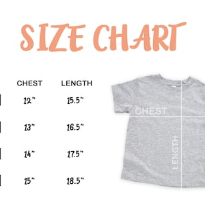 K&ouml;nnte beinhalten: Gr&ouml;&szlig;entabelle f&uuml;r ein T-Shirt mit Ma&szlig;en in Zoll f&uuml;r Brustumfang und L&auml;nge. Die Gr&ouml;&szlig;en umfassen 2T, 3T, 4T und 5T.