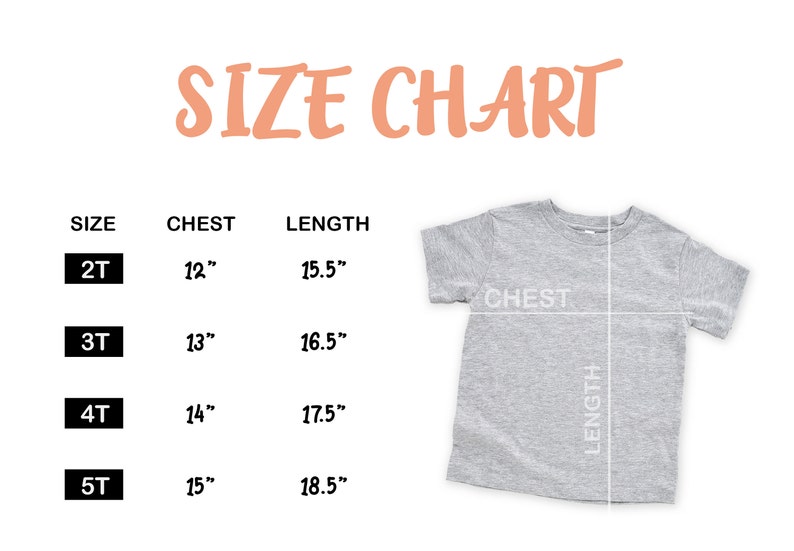 K&ouml;nnte beinhalten: Gr&ouml;&szlig;entabelle f&uuml;r ein T-Shirt mit Ma&szlig;en in Zoll f&uuml;r Brustumfang und L&auml;nge. Die Gr&ouml;&szlig;en umfassen 2T, 3T, 4T und 5T.