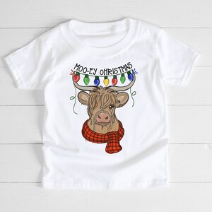 Toddler Cow Christmas Shirt, Moo-ey Christmas, Funny Kid T-Shirt, Farm Animal Christmas Lights, Buffalo Plaid Scarf Cow, Red Baseball Sleeve image 3