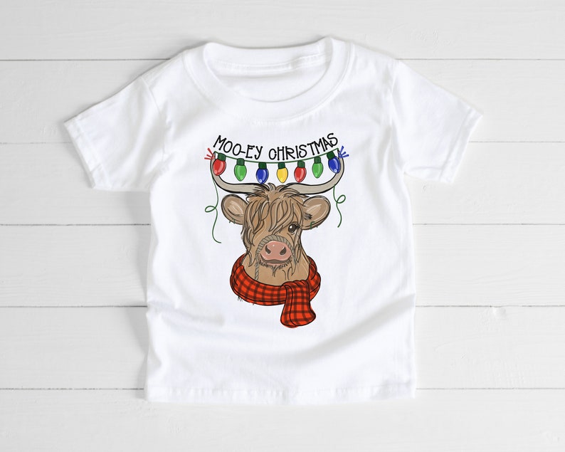 Toddler Cow Christmas Shirt, Moo-ey Christmas, Funny Kid T-Shirt, Farm Animal Christmas Lights, Buffalo Plaid Scarf Cow, Red Baseball Sleeve image 3