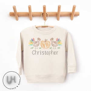 Toddler Boy Thanksgiving Outfit, Fall Turkey Pumpkin Sweatshirt, Personalized With Name, Natural Pullover, Boho Autumn Toddler Boy Shirt,
