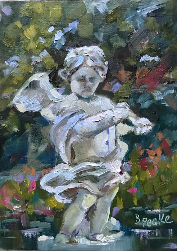 Original Oil Painting Garden Statue 5x7 Impressionist Style Image 0