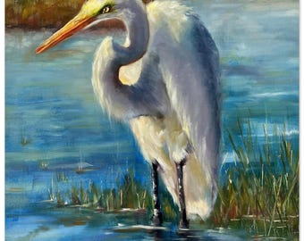 Heron painting, egret, original art giclee print