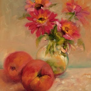 Still-life painting, peaches, flowers in vase, original art