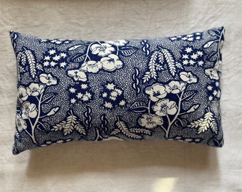 vintage blue and ivory "futuristic" flower print pillows