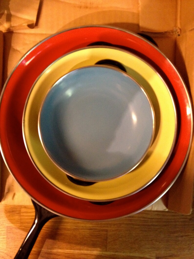 Puede incluir: Un conjunto anidado de utensilios de cocina coloridos. Una sart&eacute;n roja forma la base, seguida de un plato amarillo y rematada con un plato azul claro. Los utensilios de cocina tienen bordes plateados y un asa negra.