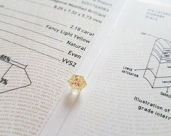 Diamant 2,18 carats. GIA Zertifikat VG/VG/N, jaune clair fantaisie/VVS2, nature, hexagone