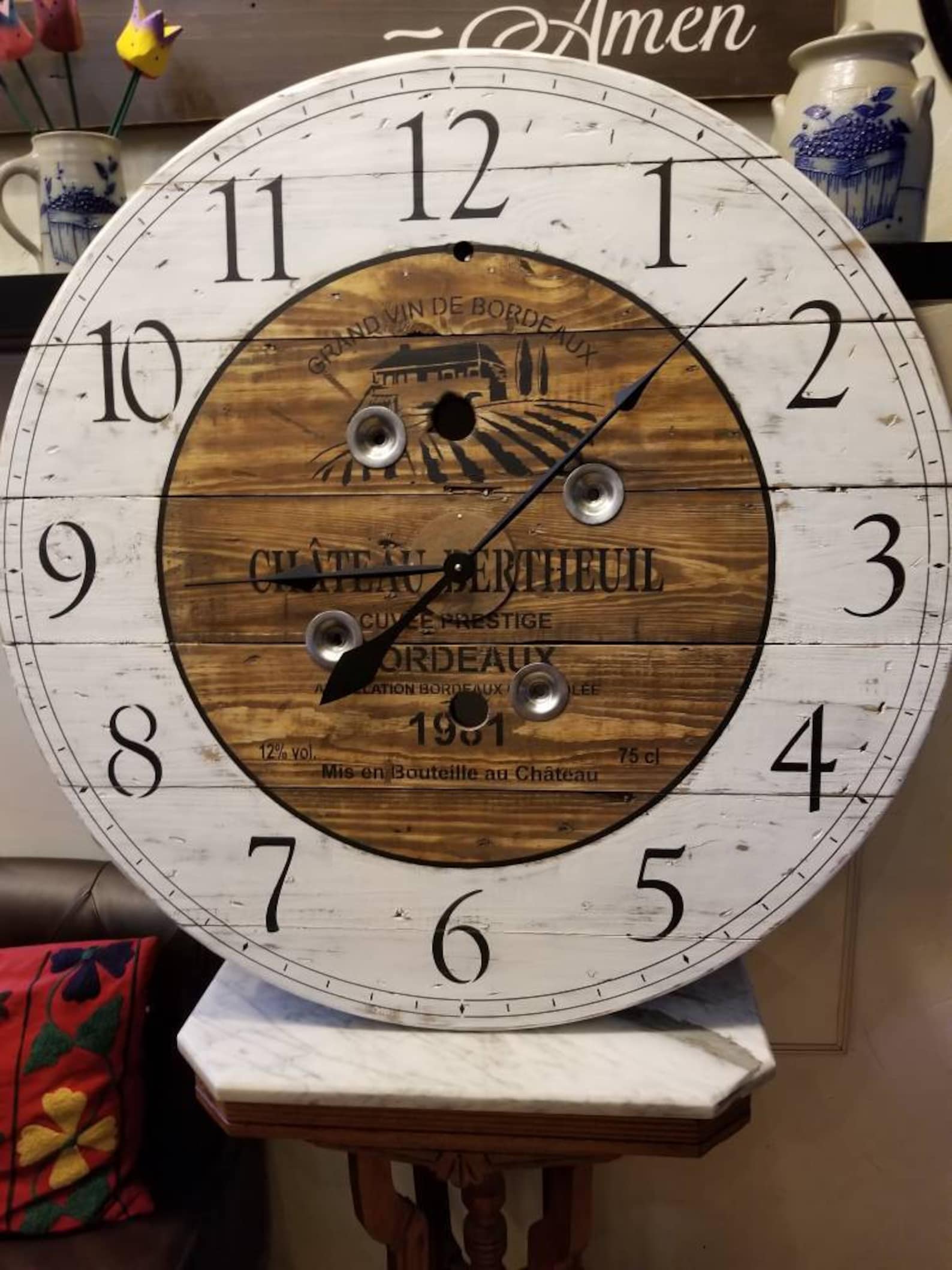 36 Inch Wooden Wire Spool Clock / Shabby Chic French Wine Label Clock ...