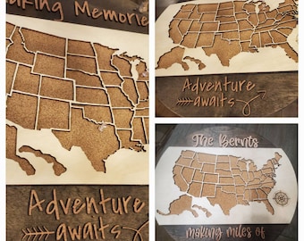 May include: A wooden map of the United States with corkboard surface for pushing in pins. The map is round and has the text "Making Memories" and "Adventure awaits" on it.