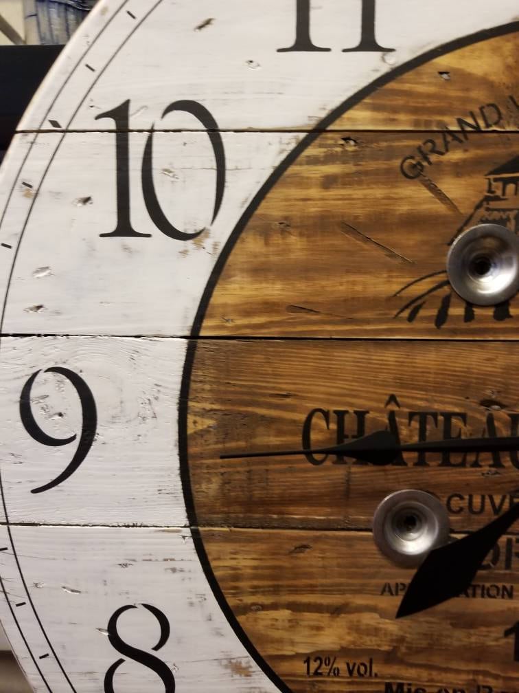 36 Inch Wooden Wire Spool Clock / Shabby Chic French Wine Label Clock ...